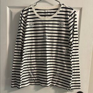 NET TALBOTS Black and White Striped Long Sleeve Top with Snowflakes